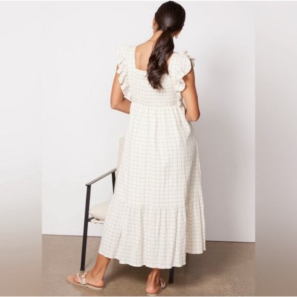 Evereve Mae Windowpane Plaid Ruffle Sleeve Maxi Dress Small - Picture 2 of 7